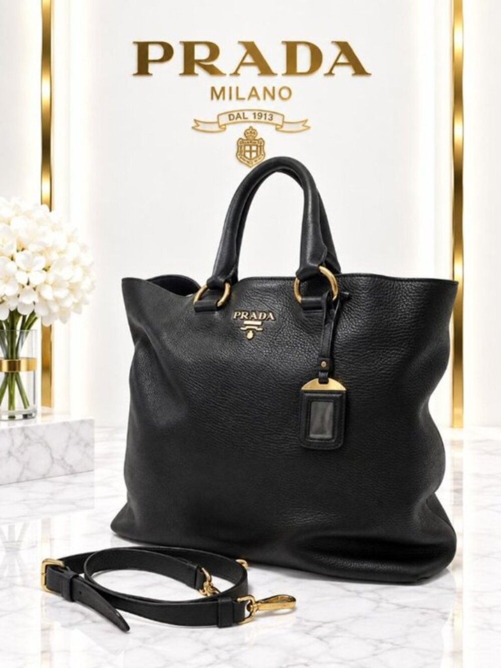 Authentic Prada Vitello Daino Black Leather Tote Bag Convertible Shoulder Bag